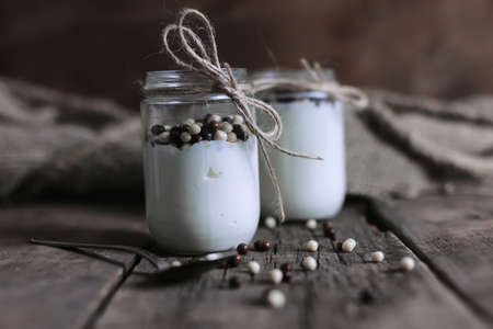 rustic homemade yogurt jarの写真素材