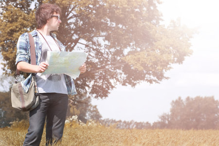 Portrait of a white student to rest while traveling on vacationの写真素材