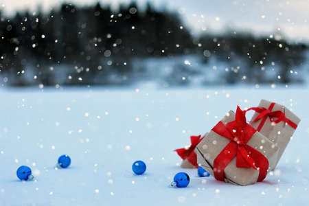 on the snow gift box ball landscape snowflakeの写真素材