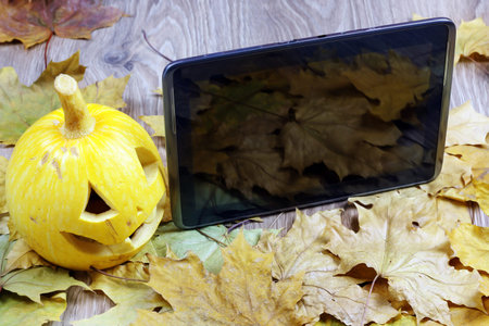 Halloween pumpkin and tabletの写真素材