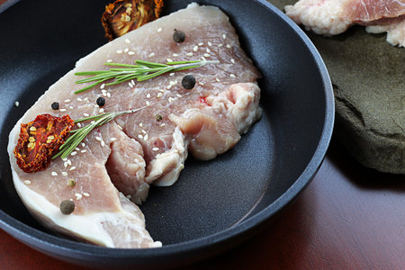 steak in a frying panの写真素材