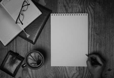 monochrome notebook paper writing toolsの写真素材