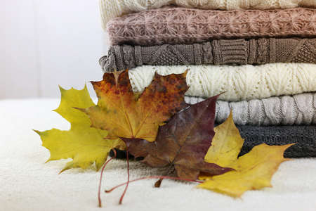 stack of sweaters knitted autumn conceptの写真素材