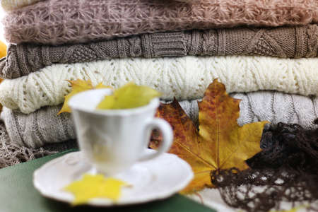 stack of sweaters knitted autumn conceptの写真素材