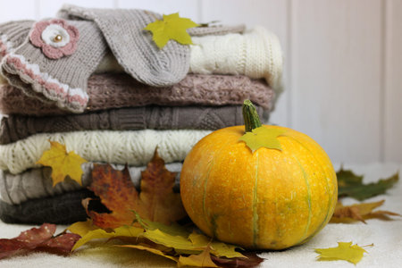 stack of sweaters knitted autumn conceptの写真素材