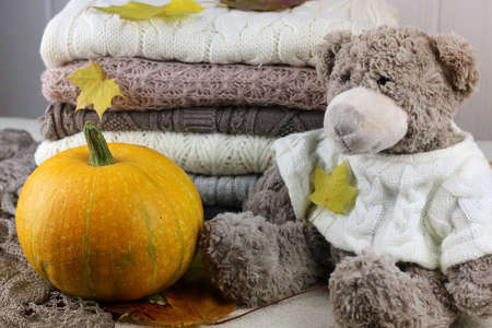 stack of sweaters knitted autumn conceptの写真素材