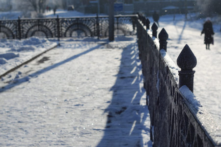 winter landscape snow-covered road and trees in the park outsideの写真素材