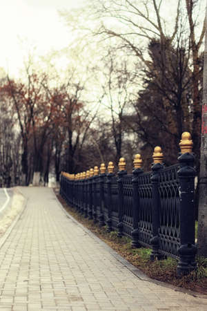 late autumn with the rainy weather in the city park at the church buildingの写真素材