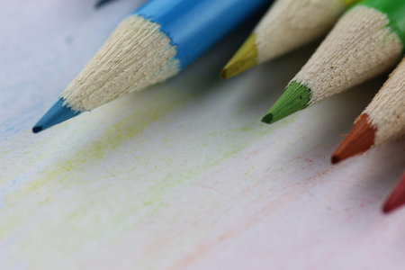 colored pencils on the wooden table concept of preparation for the new school yearの写真素材