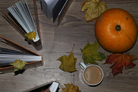 a variety of books for the school year in the school on the floor stackの写真素材