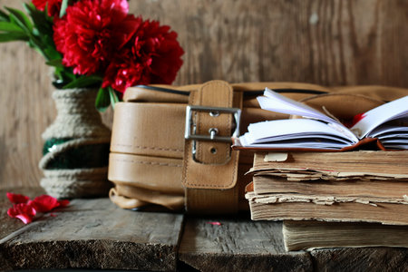 old book leather suitcaseの写真素材