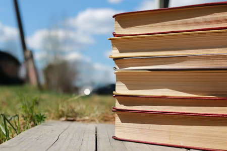 books standing different objects on a wooden table on a background of blurred summer foliageの写真素材