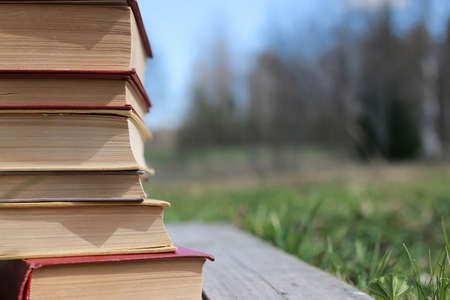 books standing different objects on a wooden table on a background of blurred summer foliageの写真素材