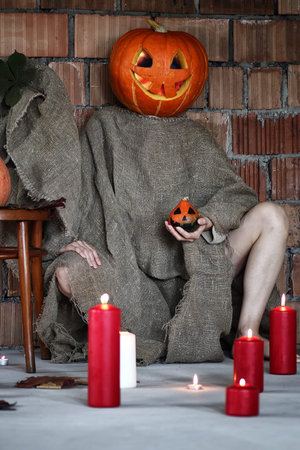 preparation of various decorations and attributes for the celebration of the international holiday of Halloweenの写真素材