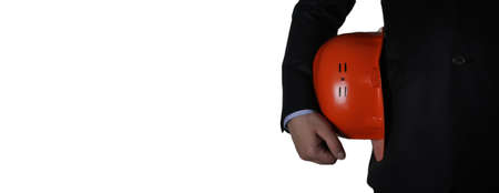 builder man in suit with helmet closeup empty place for your textの写真素材