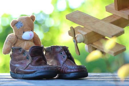 toy teddy bear table outdoorの写真素材