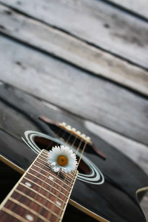 guitar acoustic black glossy six-string playing in natureの写真素材