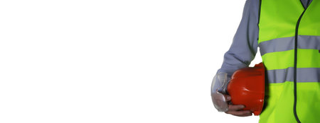 builder man in suit with helmet closeup empty place for your text