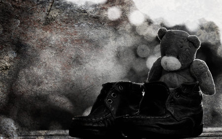 old scratched photo teddy bear monochromeの写真素材
