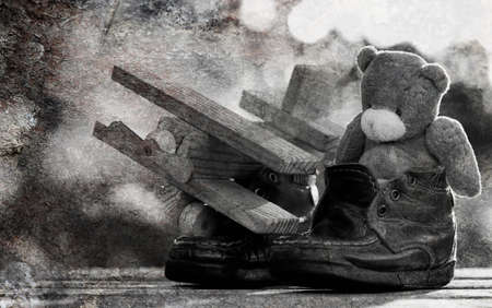 old scratched photo teddy bear monochromeの写真素材