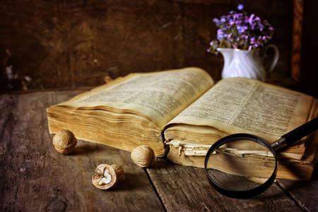 magnifying glass and old bookの写真素材