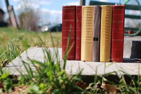 books standing different objects on a wooden table on a background of blurred summer foliageの写真素材