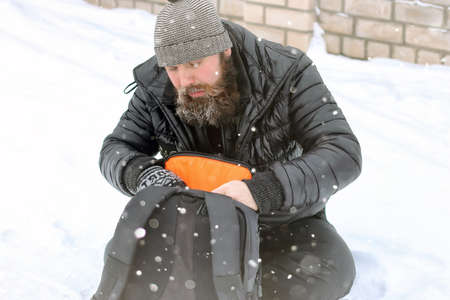 bearded man ice snow winterの写真素材