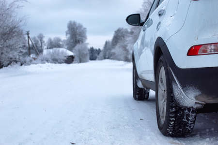 landscape Road in the winter forest with snow coveredの写真素材