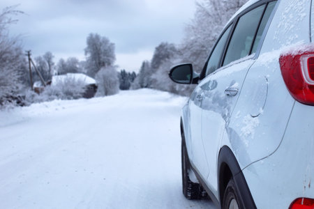 landscape Road in the winter forest with snow coveredの写真素材