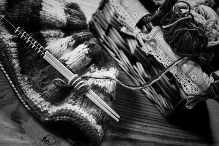 monochrome wool and knitting needlesの写真素材