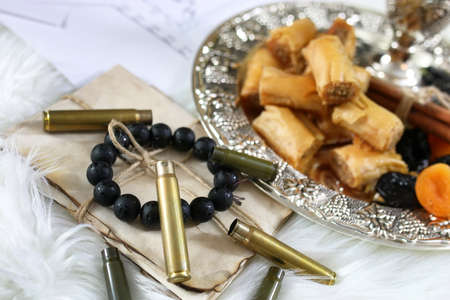 Eastern sweets table on a silver platter baklava and Tamarindの写真素材