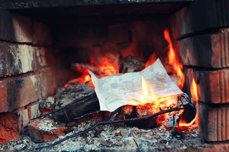 old oven with flame fireの写真素材