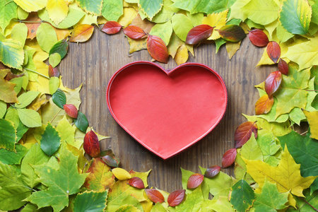autumn leaves in shape of heart on wooden table