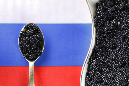 black caviar on a wooden backgroundの写真素材