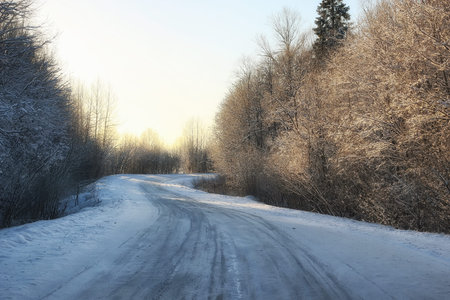 winter road landscape sunlight snowの写真素材