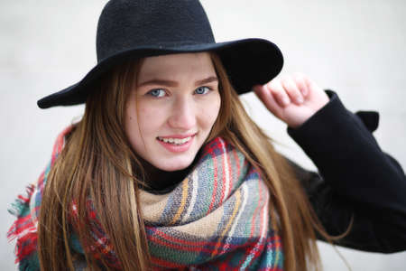 French woman for a walk in early springの写真素材