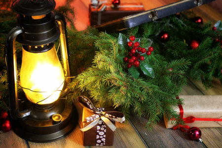 New Year composition of branches of Christmas trees decorated wi