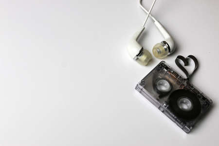 background music accessories paper audiotape and small headphonesの写真素材