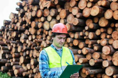 man in helmet worker wood lumberの写真素材