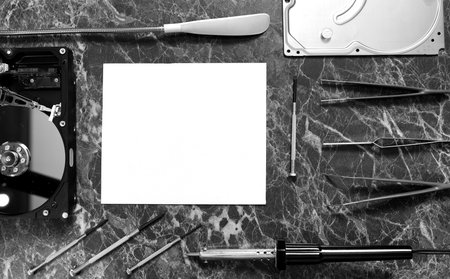 Black and white photo of clean sheet of paper on work desktopの写真素材