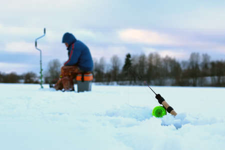 Little winter fishing rod iceの写真素材