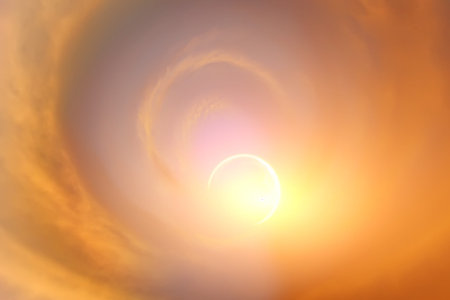 Sunlight pierces through the clouds in the skyの写真素材