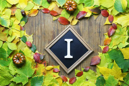 composition of yellowed and reddened maple leaves on the table Autumn timeの写真素材