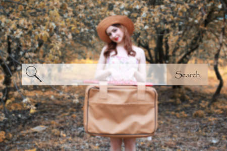 search bar on the background blurred photo of a girl with leatheの写真素材