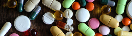 Medical background of various colorful medications on a textured wooden
