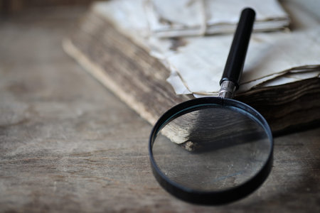 Old books on a wooden table and glass magnifierの写真素材