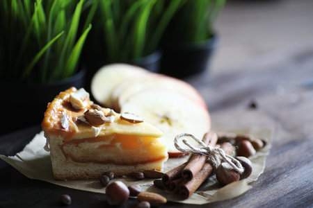 Delicious fresh pastry pie with cinnamon and fruitの写真素材