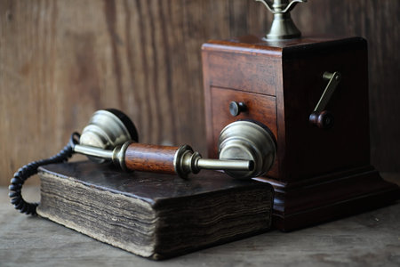 Old telephone and retro book on a wooden tableの写真素材