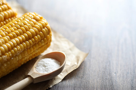 Boiled corn cob with salt on a wood