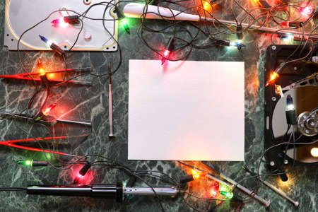 clean sheet of paper on work desktop with toolsの写真素材